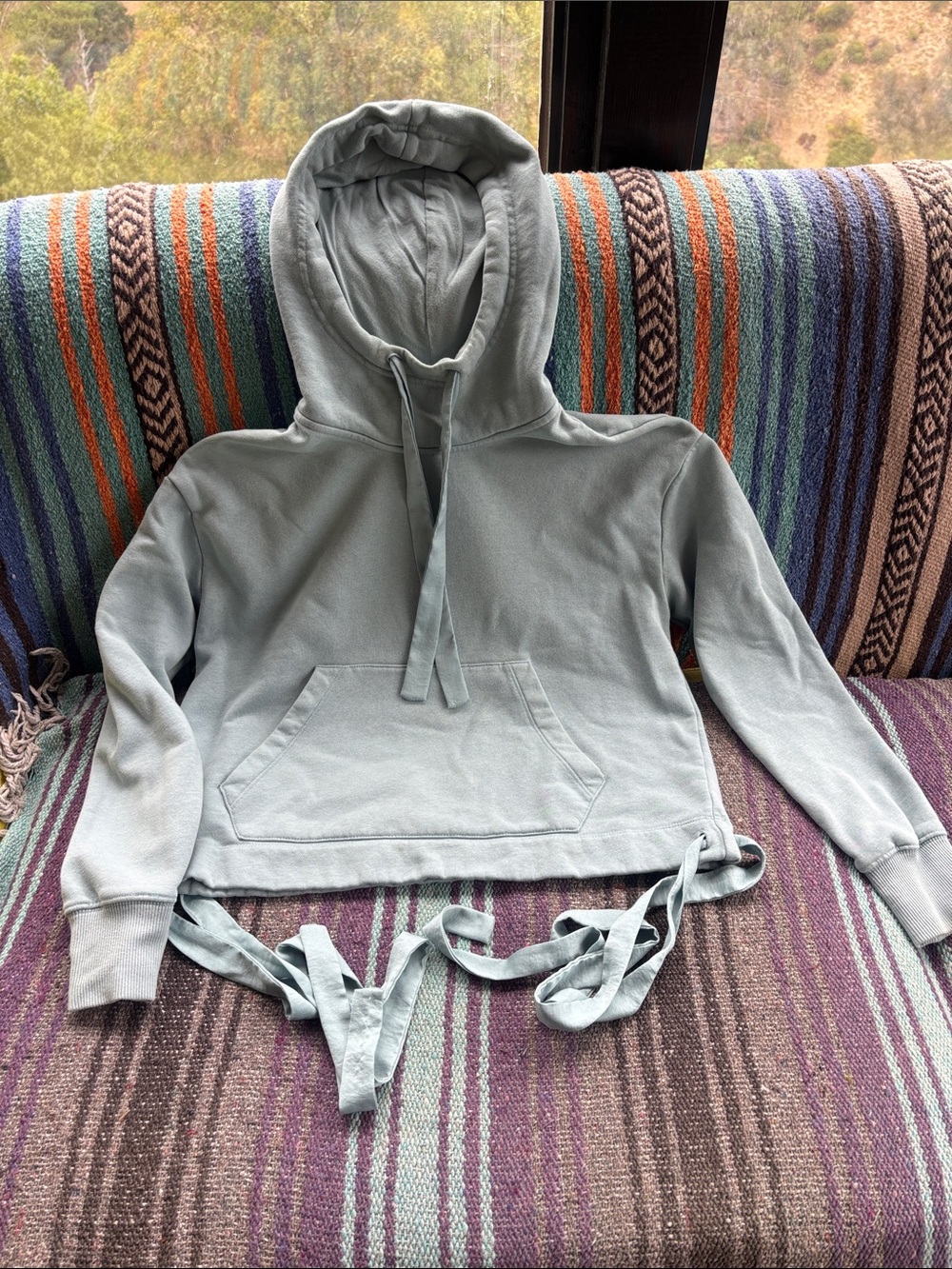 Banana Republic, Size XS. Tie Sides Fleece Kangaroo Pocket Hoodie, Dusty Blue